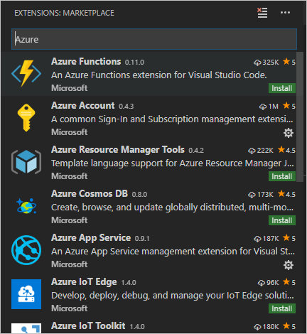 Azure extensions for VS Code