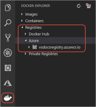 Docker explorer in VS Code showing registries