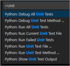 Python unit testing commands on the Command Palette