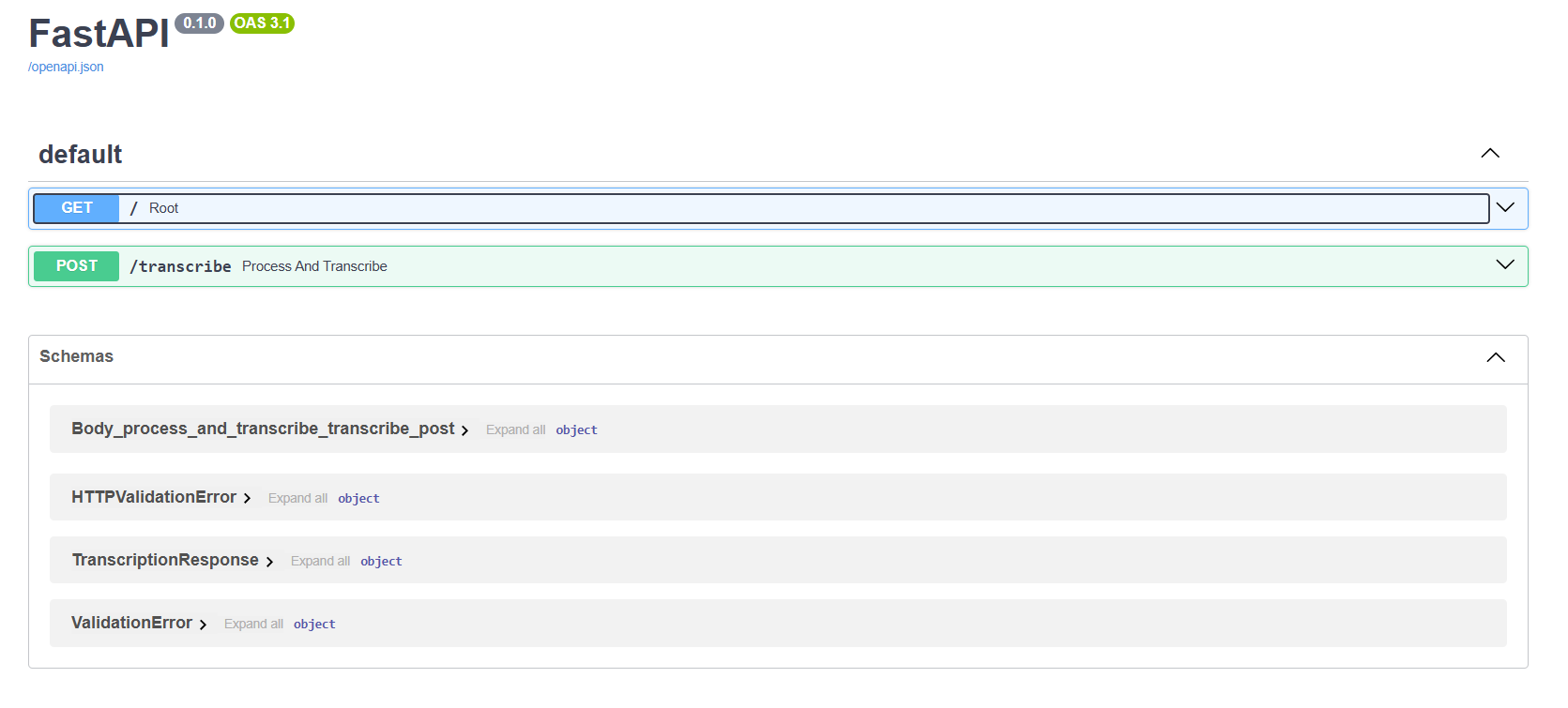 FastAPI docs for transcription endpoint
